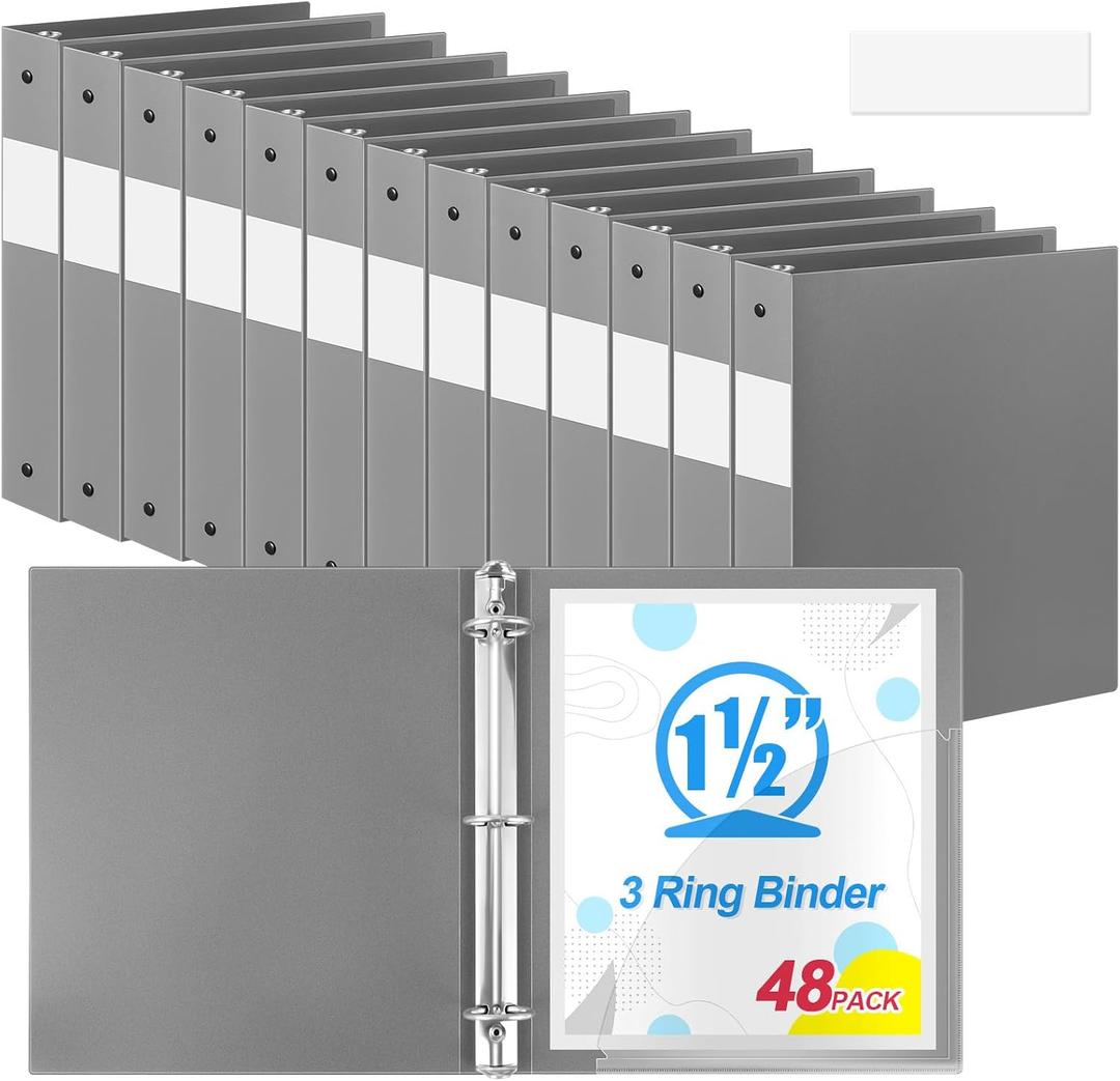 Henoyso 48 Pcs Gray 1.5 Inch 3 Ring Plastic Binder Bulk, 1 1/2 Inch Soft Flexible Binders Three Round Rings Fit 8.5x11 Papers for School Office Home File Organization Supplies