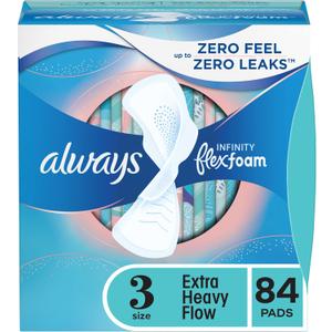 Always Infinity Feminine Pads for Women, Flexfoam Pads with Wings, Size 3, Extra Heavy Absorbency, Unscented, 84 Count (3 Packs of 28)