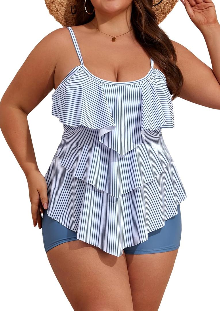 B2prity Women Plus Size Tankini Swimsuits Tummy Control Two Piece Bathing Suit Ruffled Flounce Swimwear with Shorts (X-Large, Stripe)