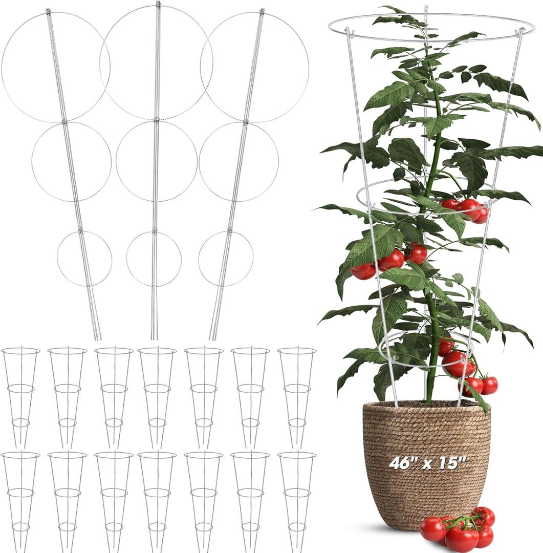 Gisafai 15 Pack Folding Tomato Cages Metal Plant Support Rings Heavy Duty Tomato Plant Support Cage Galvanized Garden Cucumber Trellis Ring for Garden Climbing Plants Flowers Fruits (46'' x 15'')