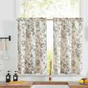 jinchan Floral Linen Tier Curtains 36 Inch Farmhouse Botanic Cafe Drapes for Small Windows Rustic Half Window Curtains for Kitchen Living Room Bathroom Laundry 2 Panels Black on Beige, 26"W x 36"L