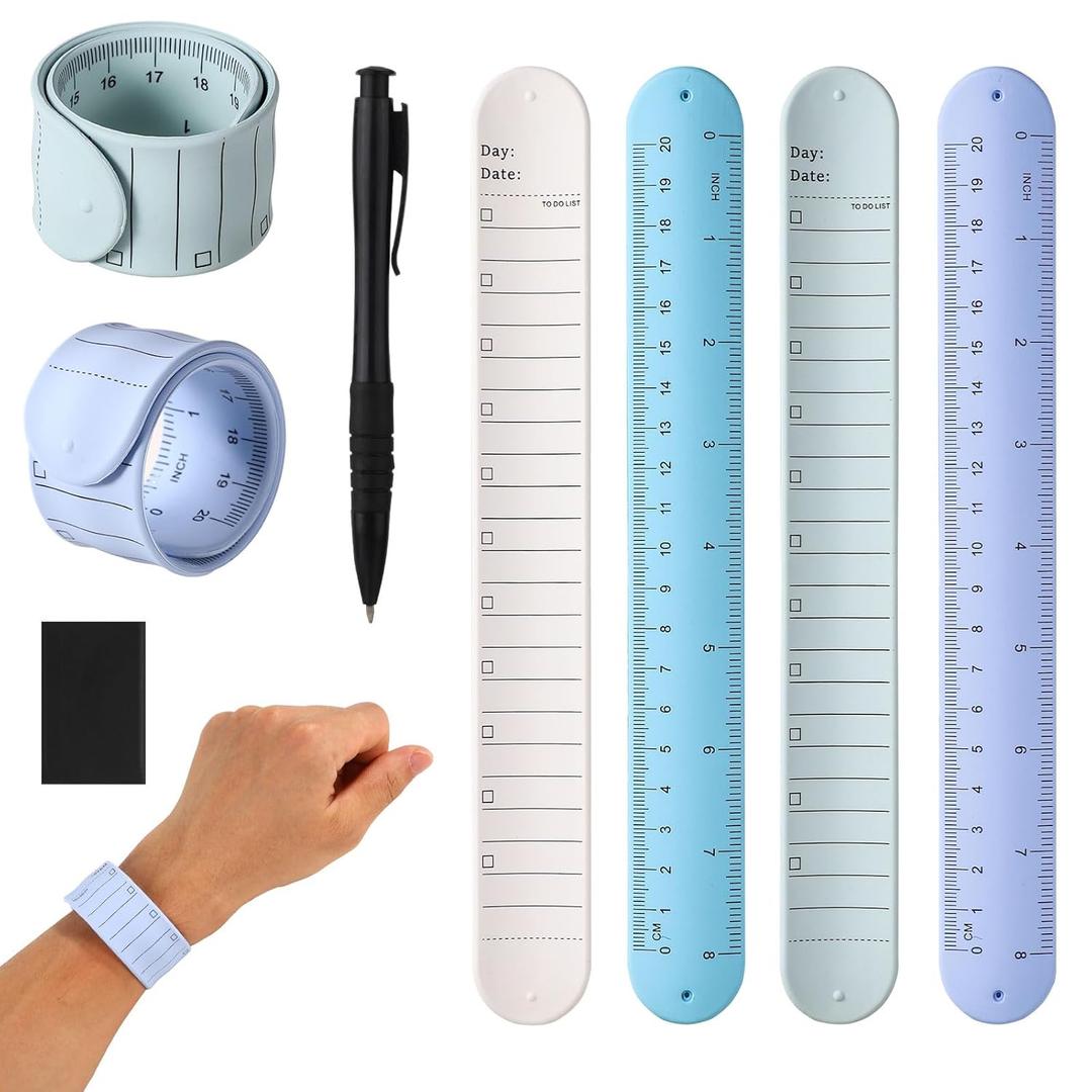 4pcs Wrist Notepad, 9.37x1.18x0.1in Erasable Wearable to Do List Reminder Bracelet Silicone Reusable Notes Memo Wristband with Pen Eraser Slap Ruler for Students Nurses Daily Planner (Color 2)