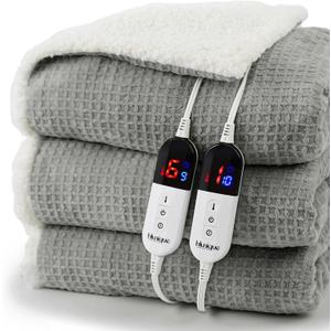 Heated Blanket Electric Blanket King Waffle,90x100 Inches Sherpa Fleece Fast Heating Blanket 6 Heating Levels & 10 Hours Auto Off ETL Certification, Grey King