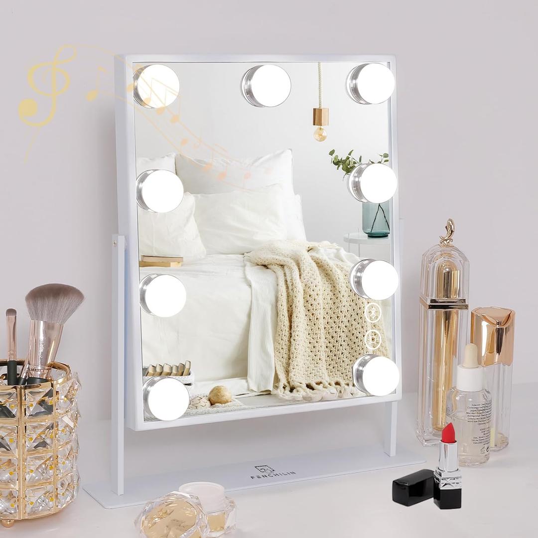 FENCHILIN White Hollywood Vanity Mirror with Lights 9 Dimmable Bulbs Makeup Mirror with Smart Touch Control for Glam Room Bedroom Detachable 10X Magnification Rotation White (Ivory)