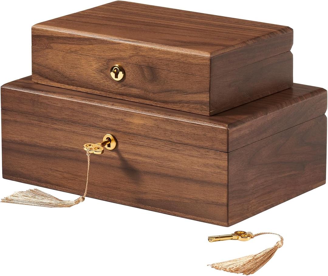 Walnut Storage Boxes with Locking Lid Set of 2 Decorative Solid Wood Storage Baskets Lockable Vintage Wooden Memory Box Chests for Keepsakes Photos Jewelry Desktop Organizer Container