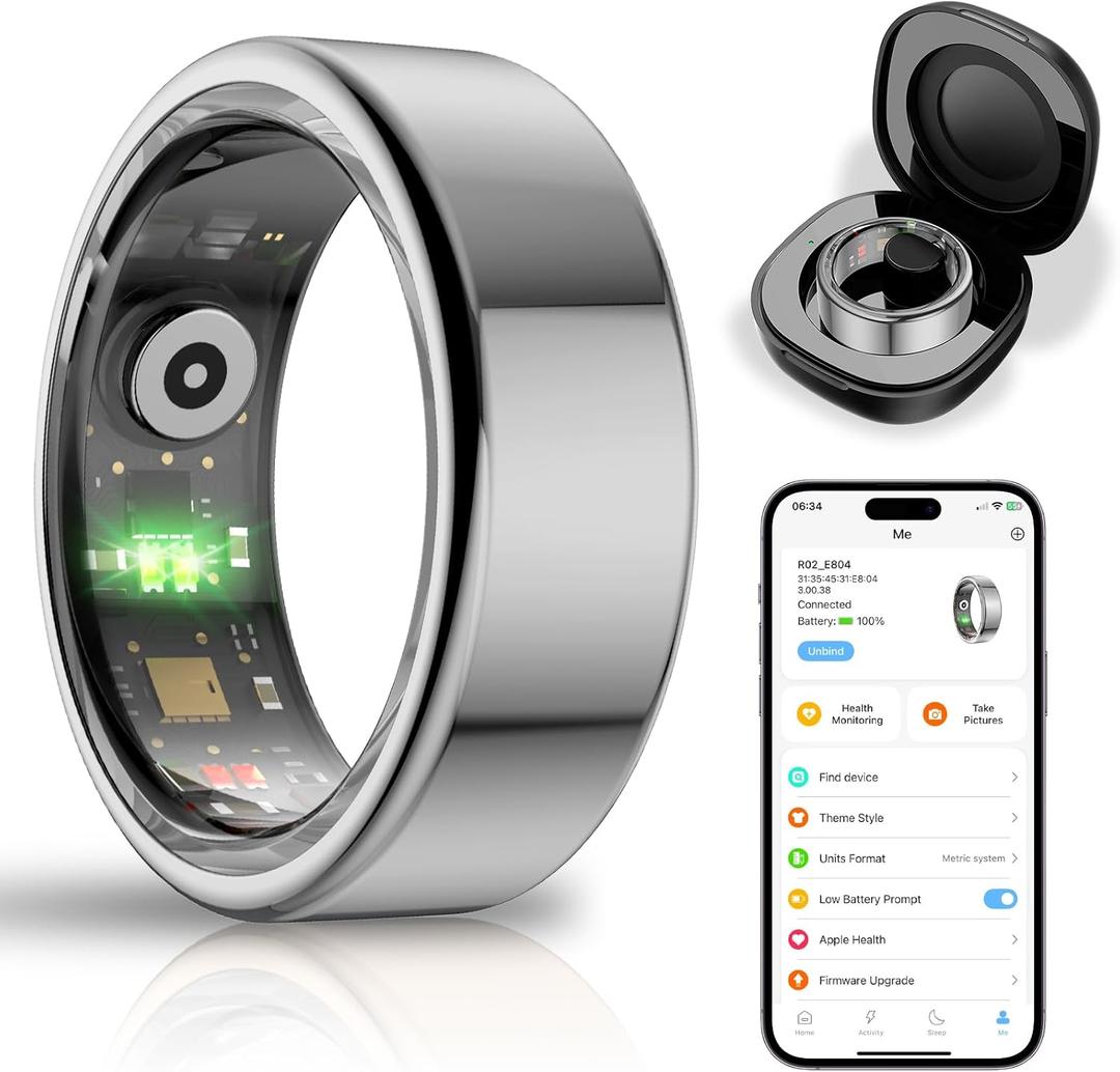 Smart Health Ring for Women Men,Fitness Tracker Smart Ring with Heart Rate,Sleep Monitor,Blood Oxygen,Steps,IP68 Waterproof Up to 5-7 Days Battery Life for iOS Android,No App Fee(Silver,7)