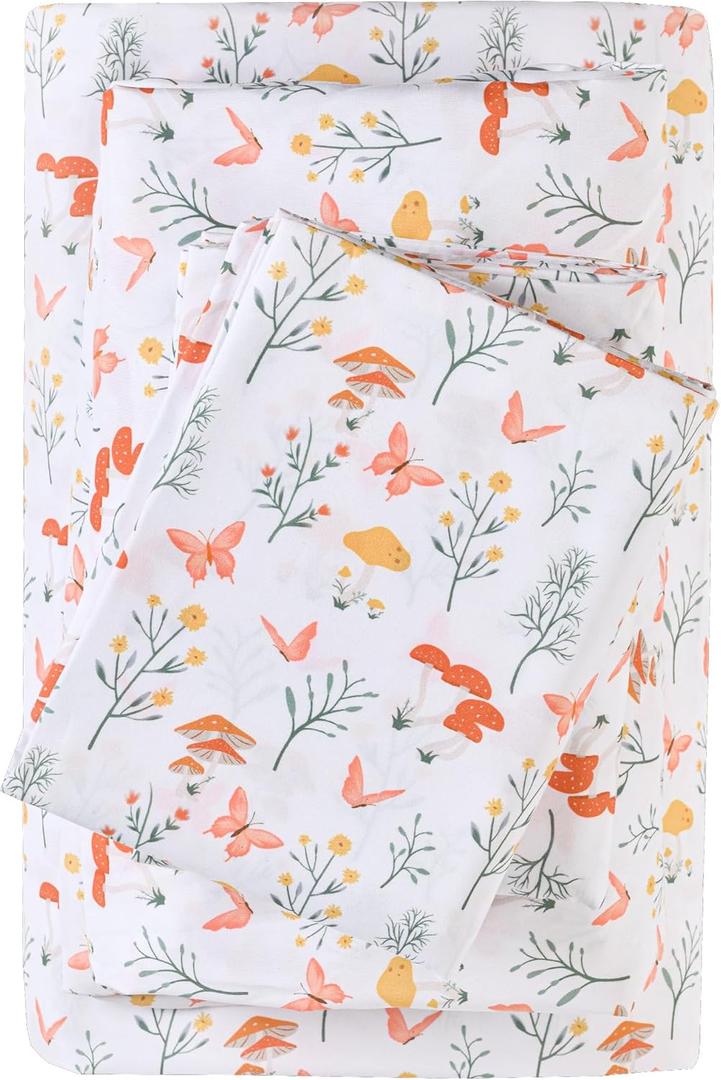Viviland Mushroom Full Sheet Set - 4 Piece Vintage Butterfly Flower Patterned Bed Sheets - Soft, Breathable Microfiber Floral Sheets with Deep Pocket, Non-Slip Fitted Sheets & Pillowcases