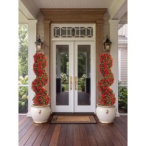 Yunlly 2 Pcs 3FT Tall Artificial Spiral Topiary Trees with Red Rose Bushes, 36" High End Outdoor Fake Plants with Spike, Realistic Large Fake Rose Shrubs for Front Door, Garden, Porch Decor