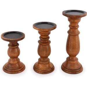 EDHAS Natural Round Turned Candle Holders for Pillar Candles Set of 3 Vintage Style Mango Wood Candle Holder for Centerpiece for Dining, Living Room