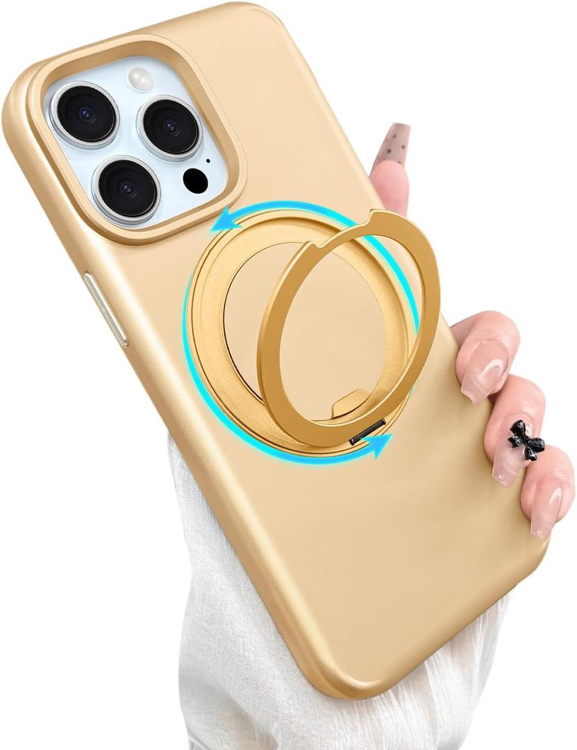 ankofave Magnetic for iPhone 15 Pro Max Phone Case with 360 Spin Stand, Matte Luxury Metallic Luster, 3.0 mm Thick Protection Hard PC Scratch-Resistant Case for iPhone 15 Pro Max 6.7", Champagne Gold