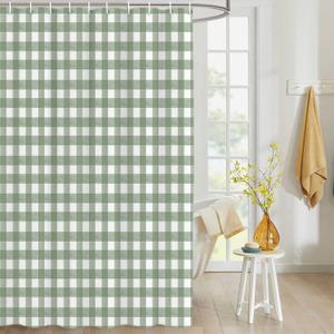 QueenKer Shower Curtain Sage Green Buffalo Plaid Waterproof Fabric Shower Curtain Set with 12 Hooks, Bathroom Curtains for Farmhouse Home Hotel Holiday Decor, 36" W x 78" L
