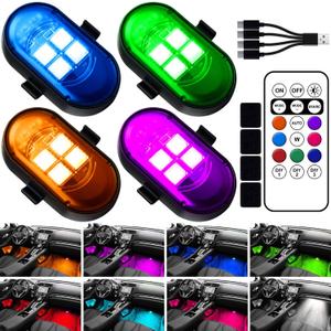 Upgraded Wireless LED Lights for Car, Rechargeable Interior Car Lights with 8 Colors Brightness Adjustable, 12H Battery Life, Remote Control, Mini Strobe Lights for Vehicle Motorcycle Bike Decor (4pcs)