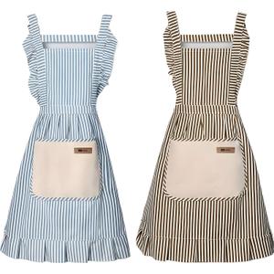 Cotton Kitchen Cooking Aprons,Vest Adjustable Bib Soft Chef Stripes Apron Two pockets with wide for Men Women (Coffee/Blue)