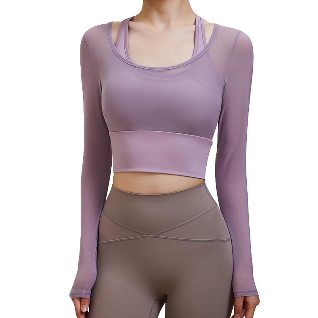Harssidanzar Women's 2 in 1 Yoga Long Sleeve Mesh Gym Athletic Tops Workout Shirts with Medium Support Sports Bra CL301US, S