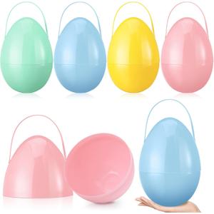 Funtery 4 Pcs Jumbo Easter Eggs 10 Inch Plastic Giant Easter Eggs with Handles, Clear Large Baskets Fillable Big Bunny Egg Shaped Baskets Containers Decoration (Pastel Colors)