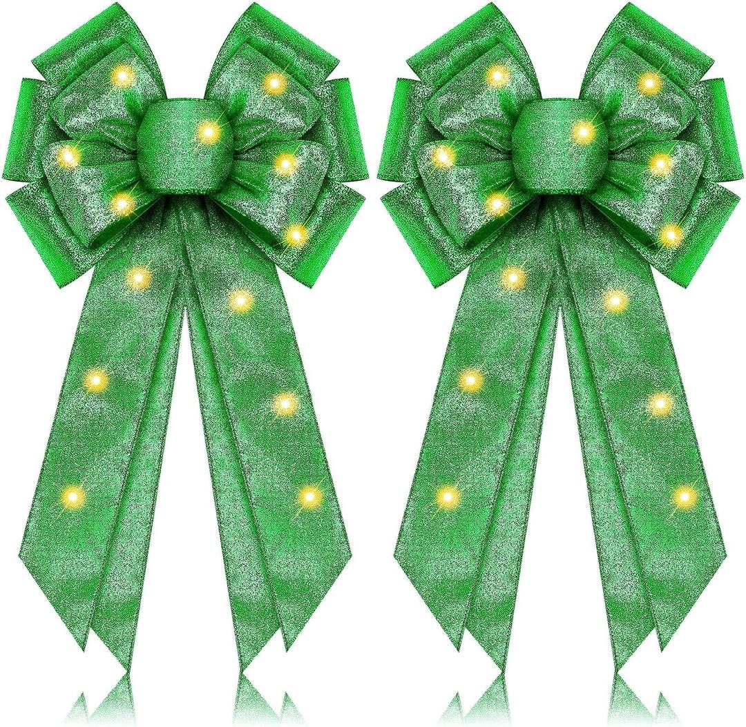 2 Pcs Large Dark Green Lighted Christmas Bows with Lights for Wreath and Tree Topper, 18x10 Inch Pre Lit Wreath Bow Light up for Christmas Decorations for Front Door Windows Outdoor Indoor