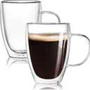 12 Oz Double Walled Glass Coffee Mugs with Handle, Insulated Layer Coffee Cups, Clear Borosilicate Glass Mugs - Gift for Cappuccino,Tea,Latte,Espresso,Hot Beverage,Cold Drinks, Set of 2
