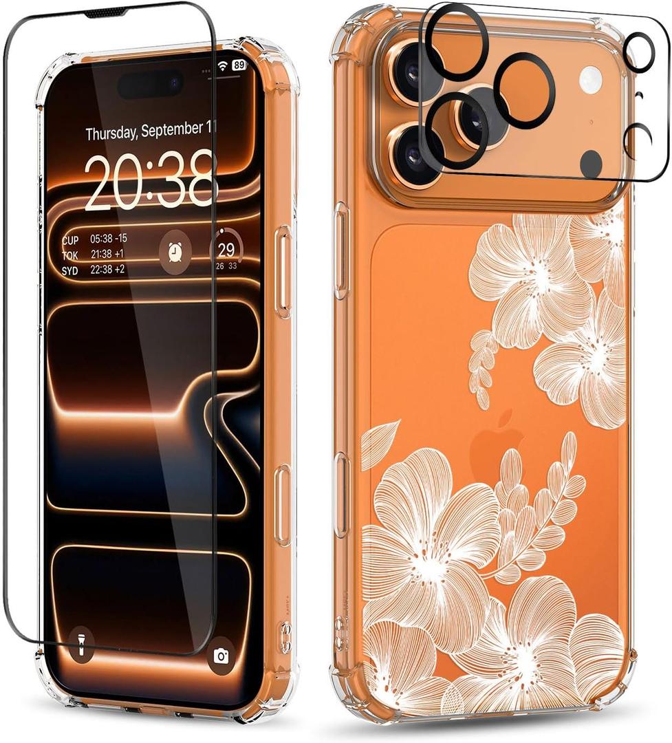 for iPhone 17 Pro Max Case,[3 in 1] with Screen Protector & Camera Lens Protector,Flower Pattern Design,Clear Soft Shockproof Floral Phone Cover for Women Girls 2025 6.9" (Flower-2/White)