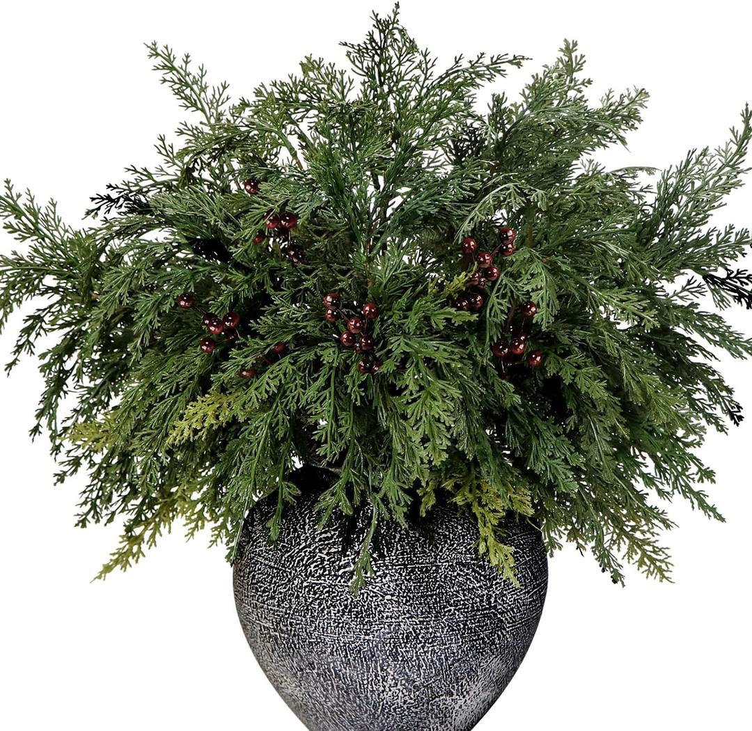 5Pcs 21.7'' Christmas Greenery Stems with Red Berries Artificial Cedar Branches for Indoor Outdoor Home Decoration, Realistic Pine Tree Picks Berry Sprays for Xmas Vases Wreaths Table Decor (5, Green)