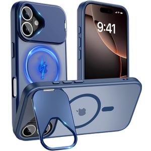 Cufelf Magnetic for iPhone 16 Case(Compatible with Magsafe)(Built-in Invisible Kickstand) Military Drop Protection,Anti-Fingerprint,Anti-Scratch,Matte Translucent Phone Cover,6.1",Blue