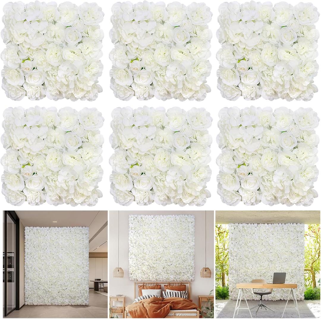 Flower Wall Backdrop 6 Piece 16.5x16.5inch White Silk Rose Wall Decor Artificial Floral Panel Ideal for Wedding Celebrations Arrangement Festive Party Backdrops and Elegant Home Decor