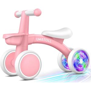 Umatoll Colorful Lighting Baby Balance Bike Toys for 1 Year Old Girl Gifts, Adjustable Seat, First Birthday Gifts, 12-24 Months Toddler Bike, New Pink