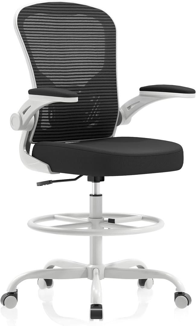 Ergonomic Drafting Chair, Tall Office Chair with Flip-up Armrests, Breathable Mesh High Desk Chair with Lumbar Support Adjustable Footrest Ring for Standing Desk Grey Black
