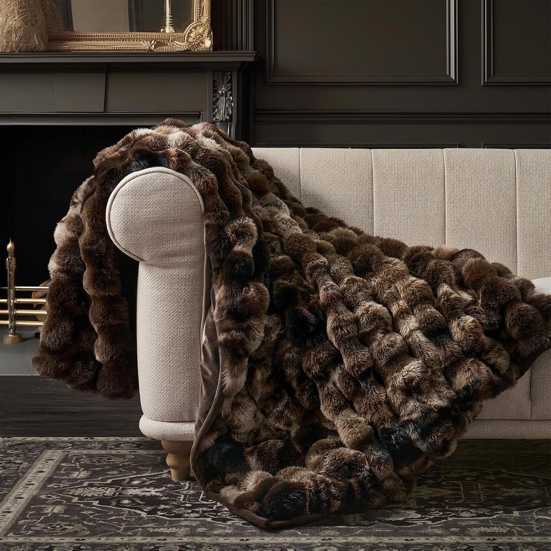 Faux Rabbit Fur Bubble Throw Blanket, 60"x80", Mocha Brown