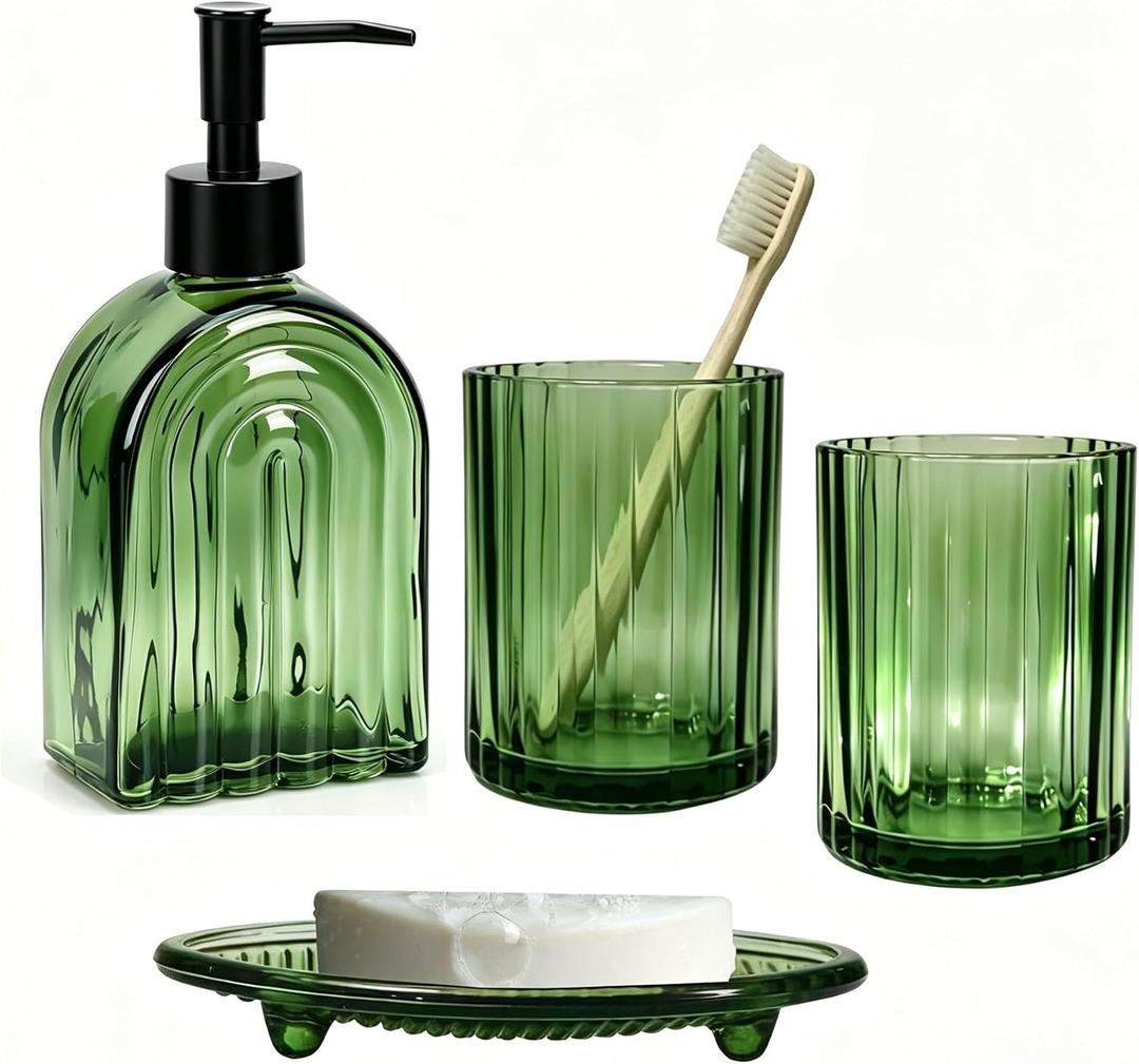 Green Glass Accessories Set, 4PCS Bathroom Set Include 13.5oz Lotion Soap Dispenser, Toothbrush Holder, Tumbler & Soap Dish, Modern Countertop Vanity Organizer Set for Home & Hotel Decor