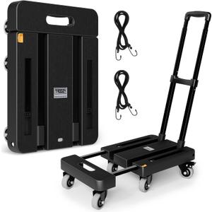 Folding Hand Truck, 500 LB Heavy Duty Luggage Cart, Utility Dolly Platform Cart with 6 Wheels & 2 Elastic Ropes for Luggage, Travel, Moving, Shopping, Office Use, Black