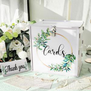 OurWarm White Wedding Card Box with Lock & Slot, PVC Card Box for Wedding Reception, Eucalyptus Wedding Envelope Money Card Box for Party Graduation Birthday Bridal Shower Decorations