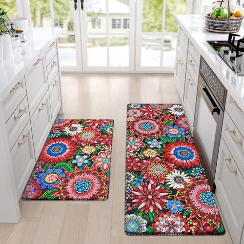 Likiyol Boho Kitchen Rugs Floral Kitchen Mats for Floor Bohemian Cushioned Anti Fatigue Mats for Kitchen Floor Non Slip Washable Kitchen Mat for Home, Sink, 18''x30''+18''x48'', Red