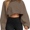 Tankaneo Womens Long Ballon Sleeve Sweatshirts Tops Cropped Crew Neck Loose Fit Casual Workout Shirts (Medium, Brown)