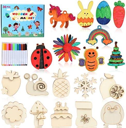 Worgree DIY Wooden Magnets, 36 pcs Wooden Art Craft Supplies Painting Kit for Kids Party Favors for Boys Girls Ages 4-8 8-12 Birthday Easter Crafts Gifts Toys Basket Goodie Bag Stuffers, 2 Pack