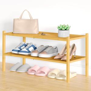 Smiry Bamboo Shoe Rack, 2 Tier Shoe Organizer for Entryway & Closet, Stackable Free Standing Storage Shelf for Shoes, Bags & Plants, Natural