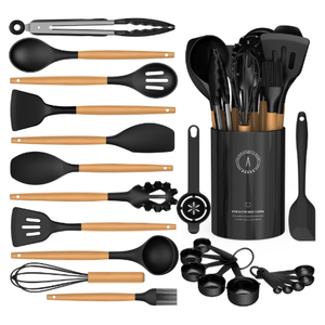 Silicone Cooking Utensils Set - AVGPD Silicone Kitchen Utensils for Cooking Wooden Handles, 446°F Heat Resistant Kitchen Utensil Spatula Sets, Gadgets for Non-Stick Cookware BPA FREE (Black)