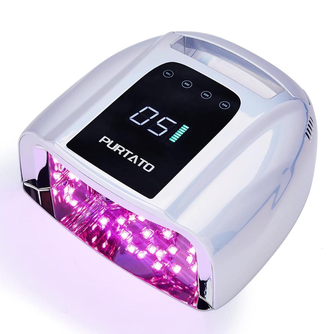 PURTATO Professional Rechargeable 96W UV LED Portable Cordless UV Light for Nail Lamp Machine with Removable Stainless Steel Bottom,4 Timer Setting and Smart Sensor Nail Dryer (Plating Silver)