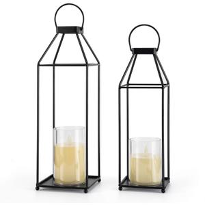 Lanterns Decorative Outdoor 2PCS Living Room Decor Lantern Black Metal Lantern Front Porch Decor Lanterns Decor Indoor with LED Candle Lanterns Decor No Glass for Indoor Outdoor (Small & Large, 2Pcs)