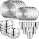 Jinei 24 Pcs 304 Stainless Steel Dinner Set Include 12 Pcs 7 Inch 10 Inch Stainless Steel Plates, 6 Pieces Bowls and 6 Pieces Cups, Reusable Metal Utensils Dinnerware for Home Outdoor Picnic Kitchen