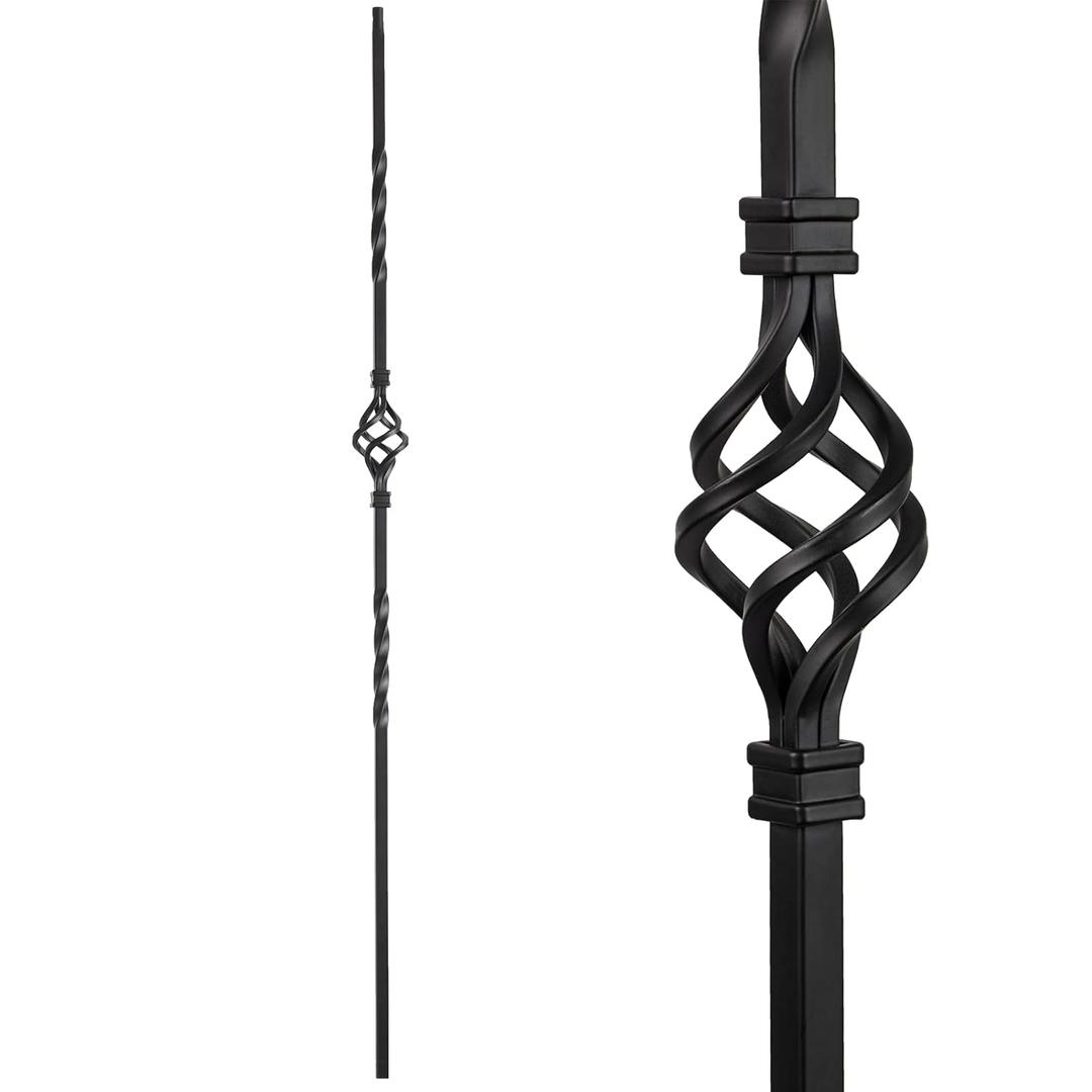 S08 Wrought Iron Balusters Set of 10 Decorative Metal Balusters for Decks Spiral Stair Railing 1/2-inch Hollow Single Basket Iron Spindles Satin Black Metal Railing