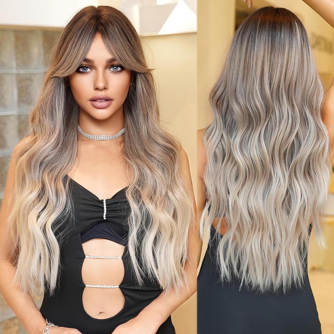 PARK YUN Long Wavy Ash Brown Blonde Wigs with Bangs 28 Inch Reverse Ombre Dirty Blonde Curtain Bangs Synthetic Heat Resistant Wig with Highlights Natural Looking Ombre Grey Wigs for Women