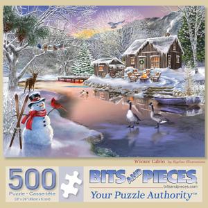 Bits and Pieces - 500 Piece Jigsaw Puzzle for Adults 18" x 24" - Winter Cabin - 500 pc Snow Forest River Mountain Snowman Nature Jigsaw by Artist Bigelow Illustrations