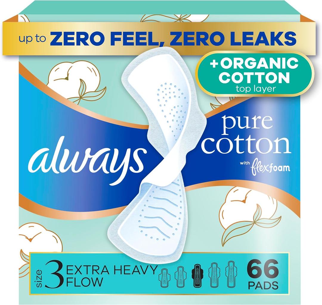 Always Pure Cotton, Organic Cotton top Layer Pads for Women with Wings, Feminine Care, Period, Menstrual, Sanitary, Postpartum, toallas sanitarias para Mujer, Size 3 Extra Heavy, Unscented, 66ct