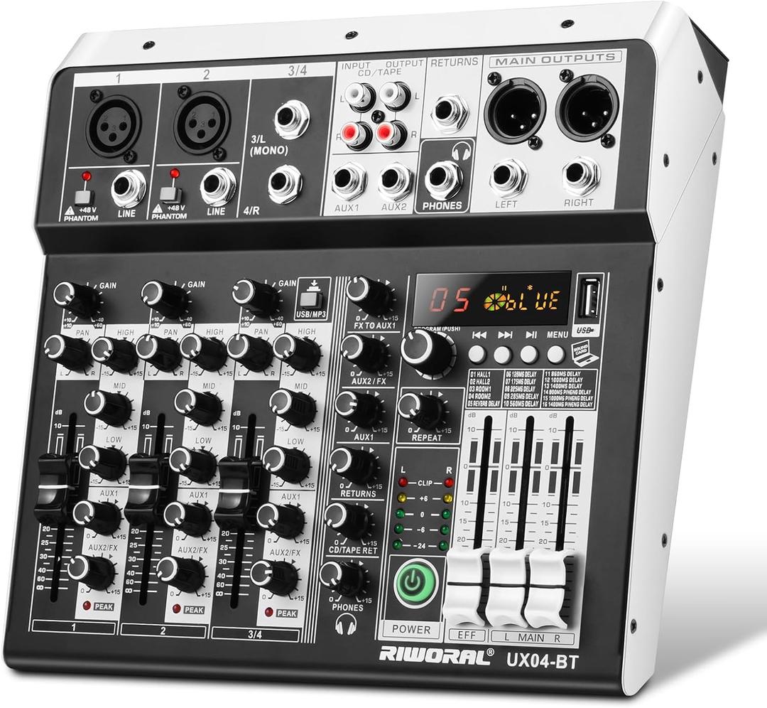4 Channel Audio Interfacer DJ Mixer Sound Board 16-Bit DSP Effect USB Audio Mixer Effects +48V Phantom Bluetooth for Karaoke Studio Streaming Recording,Live Streaming