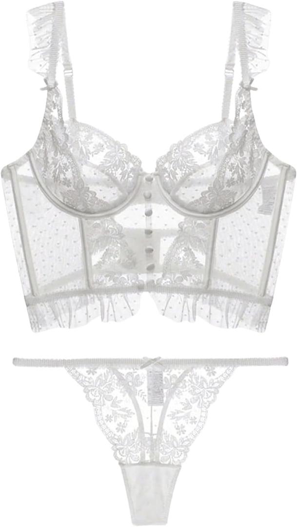 SOLY HUX Women's Lace Lingerie Set Sheer Underwire Bra and Thong Panty Sets Pure White Small