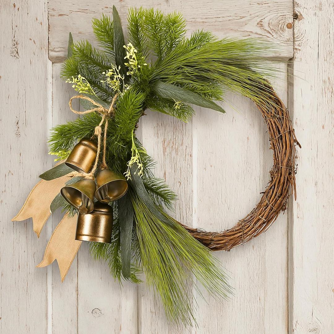 Soulchen 18 Inch Christmas Norfolk Pine Wreath with Vintage Bells and Ribbon Rustic Farmhouse Artificial Pine Greenery Decor for Front Door Xmas Winter Holiday Party Indoor Outdoor Windows Walls Decor