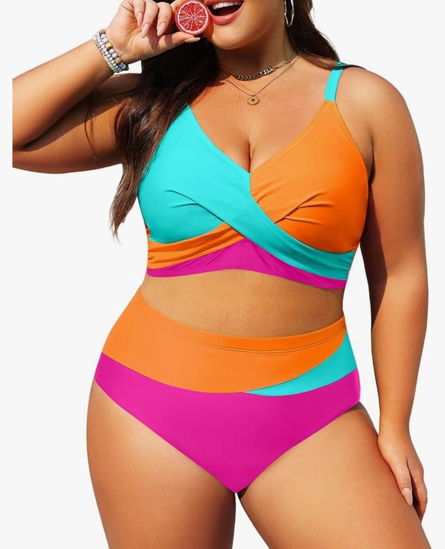 Plus Size Two Piece Swimsuit - Women High Waisted Bikini Set Tummy Control Bathing Suits 24W