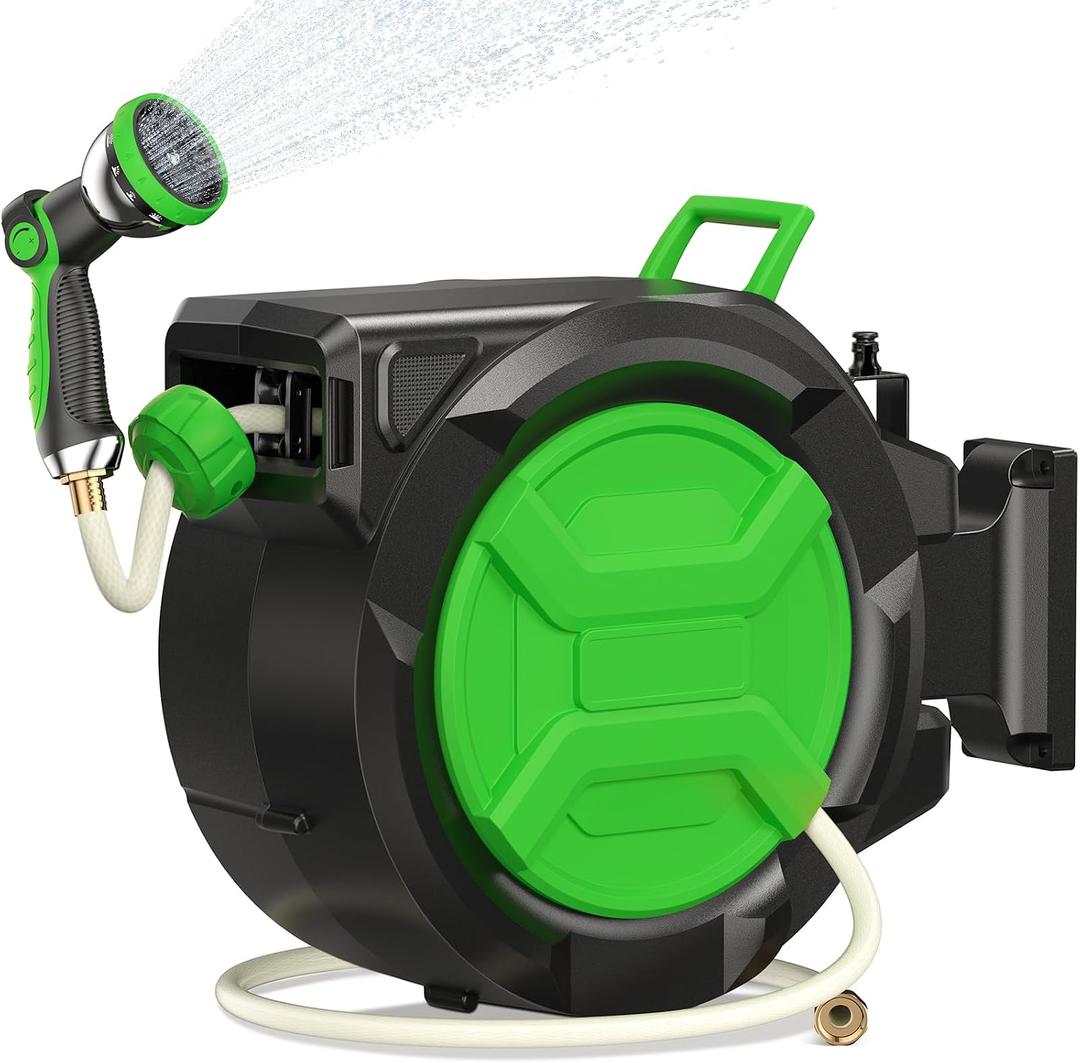 Retractable Garden Hose Reel 1/2" x 100ft, Wall Mounted Water Hose Reel with Auto Rewind, Any Length Lock, 180 Swivel Bracket & 9-Pattern Spray Nozzle, Heavy Duty Outdoor Hose Storage for Garden