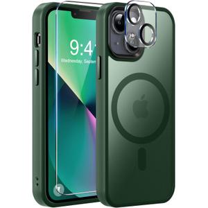 MOCCA Strong Magnetic for iPhone 13 Case, [Compatible with Magsafe][Screen Protector+Camera Lens Protector] Translucent Matte Back Slim Shockproof Case for iPhone 13 Phone Case 6.1", Midnight Green