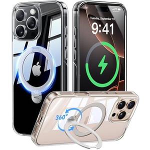 CASEKOO 360 Spin Max Magnetic Titanium Stand for iPhone 16 Pro Case [Fit with Magsafe][16FT Military Protection] [No-Yellow Crystal Clear] Slim 16 Pro Case with Stand 6.3'', Clear